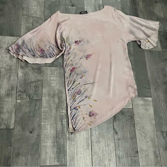 Boho 100% Silk Pink Scoop Neck Fairy Butterfly Sleeve Asymmetrical Mini Dress XS - Picture 15 of 15